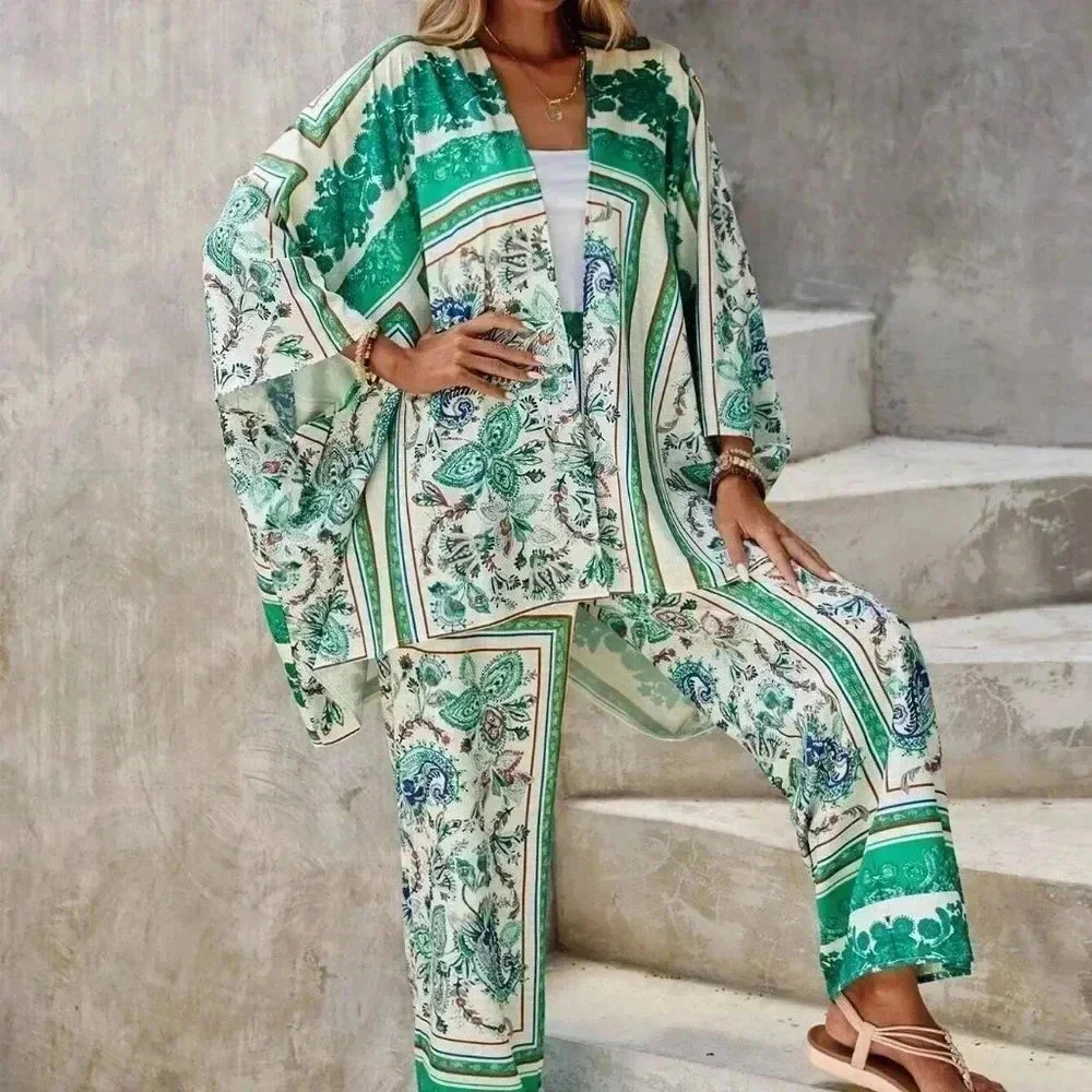 Green Boho Womens Paisley Print Blouse & Wide Leg Pants - Picture 1 of 5